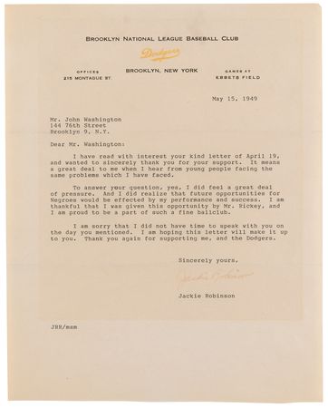 Lot #4070 Jackie Robinson Typed Letter Signed on