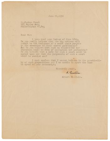 Lot #4096 Albert Einstein Typed Letter Signed on a World Court: 