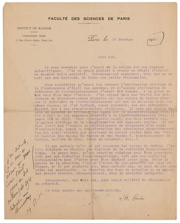 Lot #4083 Marie Curie Typed Letter Signed, Claiming Priority for Her Explanation of Radiation - Image 2