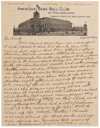Lot #4069 Connie Mack War-Dated Autograph Letter Signed - “Boston won in our league and beat the Cubs in the World Series” - Image 1
