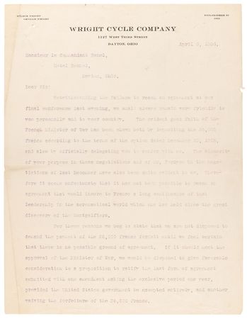 Lot #4025 Wilbur and Orville Wright Typed Letter Signed on Negotiations for a Wright Flyer Contract “that would insure to France a long continuance of that leadership in the aeronautical world” - Image 2