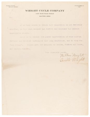 Lot #4025 Wilbur and Orville Wright Typed Letter Signed on Negotiations for a Wright Flyer Contract “that would insure to France a long continuance of that leadership in the aeronautical world” - Image 3