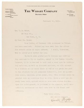 Lot #4024 Orville Wright Typed Letter Signed on Stolen Aircraft Designs and Air Races: 