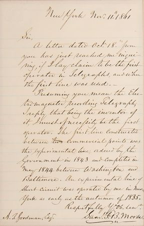 Lot #4089 Samuel F. B. Morse Autograph Letter Signed, Affirming His Status as the Inventor of the 