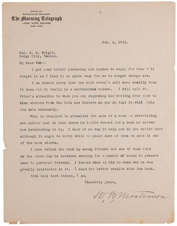 Lot #4018 Bat Masterson Typed Letter Signed to an Old West Ally, Tendering Publicity Advice for an Autobiography on Dodge City - Image 1
