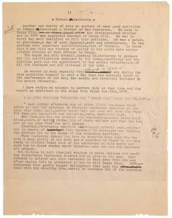 Lot #4018 Bat Masterson Typed Letter Signed to an Old West Ally, Tendering Publicity Advice for an Autobiography on Dodge City - Image 3