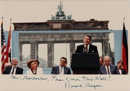 Lot #4006 Ronald Reagan Signed Photograph and Berlin Wall Relic: 