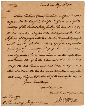 Lot #4 Thomas Jefferson Letter Signed as Secretary of State, Forwarding Thomas Mifflin Legislation Allowing Slavery in Tennessee Territory (May 1790) - Image 1