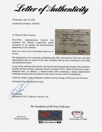 Lot #284 Edward Langworthy Partial Document Signed - Image 2