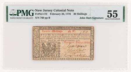 Lot #268 John Hart Signed Revolutionary War-Dated New Jersey Colonial Currency - PMG About Uncirculated 55 - Image 1