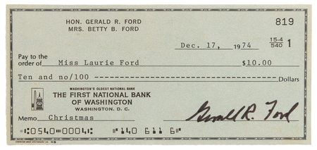 Lot #56 Gerald Ford Signed Check as President - Rare Uncashed 'Christmas' Check - Image 1