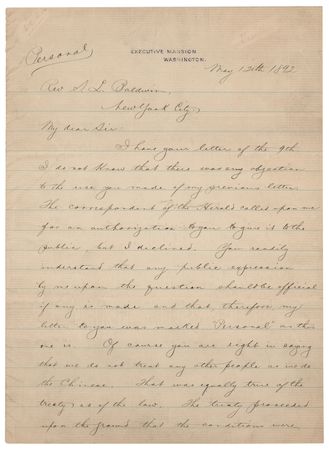 Lot #43 Benjamin Harrison Letter Signed as President on Immigration: ?We do not treat any other people as we do the Chinese? - Image 1