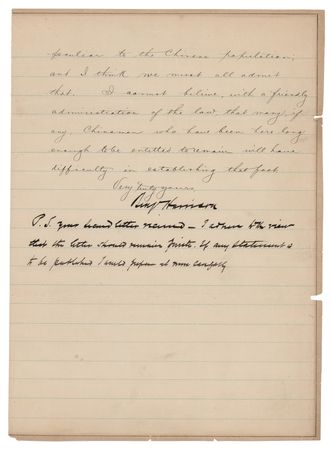 Lot #43 Benjamin Harrison Letter Signed as President on Immigration: ?We do not treat any other people as we do the Chinese? - Image 2