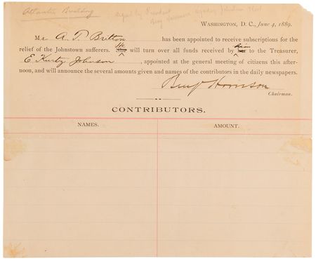 Lot #44 Benjamin Harrison Document Signed as President for Johnstown Flood Relief - Image 1