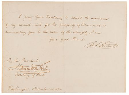 Lot #42 U. S. Grant Letter Signed as President to the Newly Elected President of Peru - Image 1