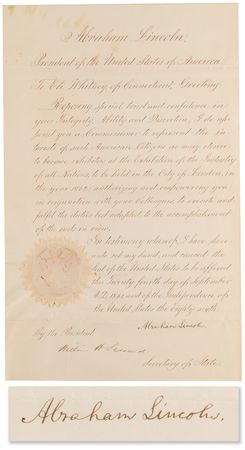 Lot #35 Abraham Lincoln Document Signed as President, Appointing Eli Whitney III as American Commissioner to the 1862 London Exhibition of Industry - Image 1