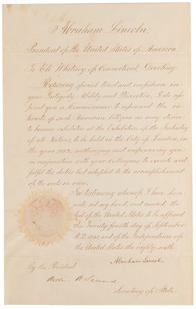 Lot #35 Abraham Lincoln Document Signed as President, Appointing Eli Whitney III as American Commissioner to the 1862 London Exhibition of Industry - Image 2
