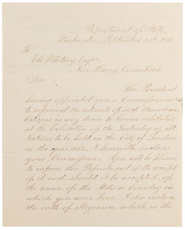 Lot #35 Abraham Lincoln Document Signed as President, Appointing Eli Whitney III as American Commissioner to the 1862 London Exhibition of Industry - Image 4