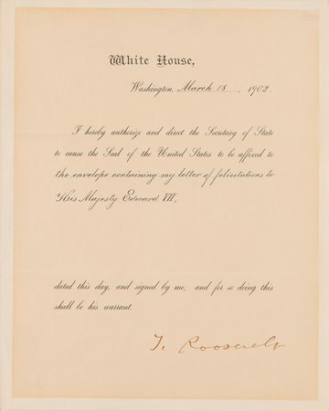 Lot #46 Theodore Roosevelt Document Signed as President, Sending a 