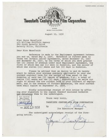 Lot #499 Jayne Mansfield Document Signed - Image 1