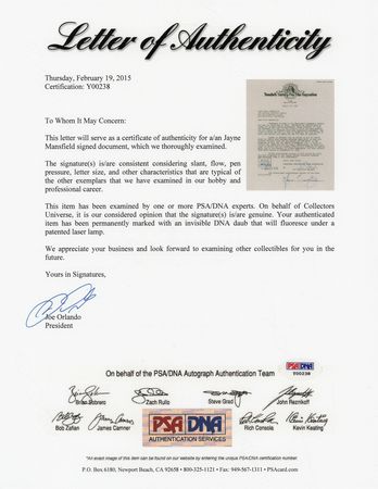 Lot #499 Jayne Mansfield Document Signed - Image 2