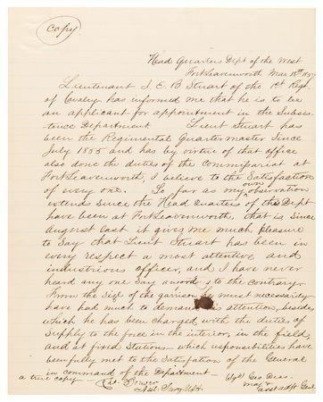 Lot #326 J. E. B. Stuart Triple-Signed Handwritten Letter of Recommendation for Himself - Image 1