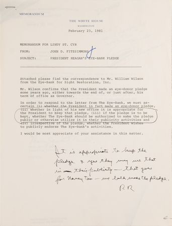 Lot #60 Ronald Reagan Autograph Note Signed on His Eye Donor Pledge - Image 1