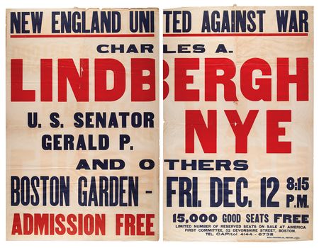 Lot #366 Charles Lindbergh Original Canceled 'New England United Against War' Poster (Boston Garden, December 12, 1941) - Image 1