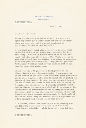 Lot #55 Richard Nixon Historical (3) Typed Letters Signed to Khmer Republic President Lon Nol - A Diplomatic Detail of American Support of Cambodia During the Vietnam War - Image 3