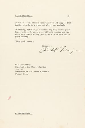 Lot #55 Richard Nixon Historical (3) Typed Letters Signed to Khmer Republic President Lon Nol - A Diplomatic Detail of American Support of Cambodia During the Vietnam War - Image 4
