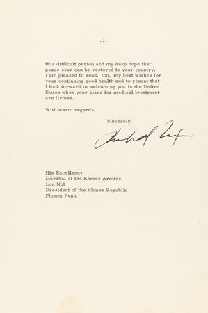 Lot #55 Richard Nixon Historical (3) Typed Letters Signed to Khmer Republic President Lon Nol - A Diplomatic Detail of American Support of Cambodia During the Vietnam War - Image 6