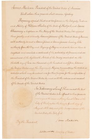 Lot #9 James Madison and James Monroe Document Signed, Appointing Peace Commissioners after the Second Barbary War - Image 1