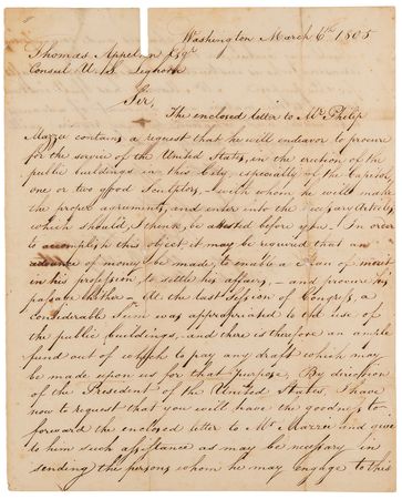 Lot #401 Benjamin Latrobe Autograph Letter Signed, Seeking Italian Sculptors for the U.S. Capitol - Image 1