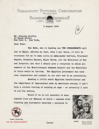 Lot #486 Cecil B. DeMille Typed Letter Signed, Planning for the Egyptian Production of The Ten Commandments - Image 1
