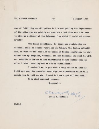 Lot #486 Cecil B. DeMille Typed Letter Signed, Planning for the Egyptian Production of The Ten Commandments - Image 3
