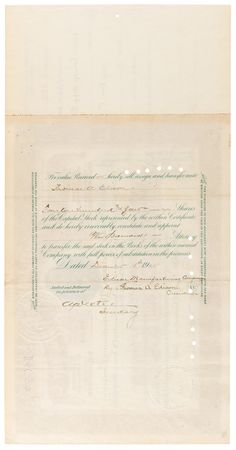 Lot #234 Thomas Edison Signed Stock Certificate for the 'Edison Manufacturing Company,' with Scarce Full Signature - Image 3