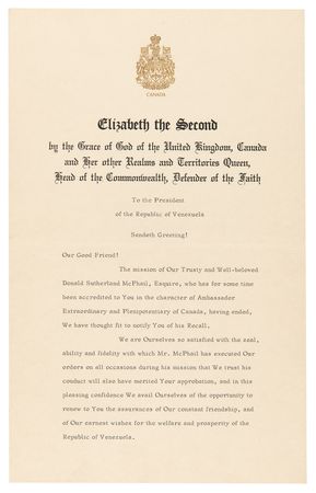 Lot #220 Queen Elizabeth II Document Signed on the Recall of a Canadian Diplomat - Image 1