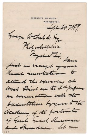 Lot #123 Benjamin Harrison Autograph Letter Signed as President, Declining to Attend a West Point Presentation of 