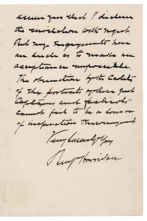 Lot #123 Benjamin Harrison Autograph Letter Signed as President, Declining to Attend a West Point Presentation of 