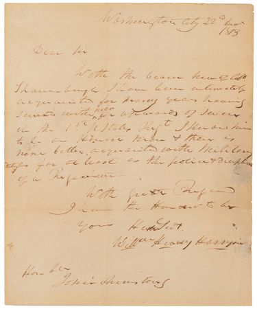 Lot #18 William Henry Harrison Autograph Letter Signed, Recommending a Colonel: 