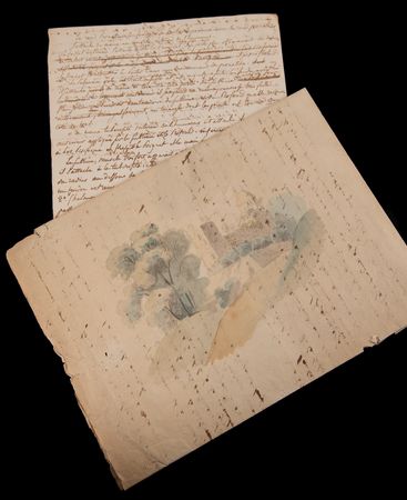 Lot #400 Eugene Delacroix (2) Handwritten Manuscripts with Original Watercolor Painting - Image 1