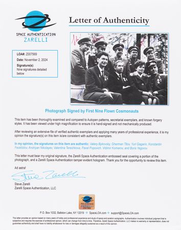 Lot #372 Cosmonauts (9) Signed Photograph with Gagarin, Komarov, and Tereshkova - Image 2