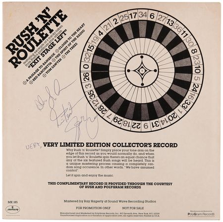 Lot #714 Rush Signed Ltd. Edition Album - Rush 'N' Roulette (Promotional) - Image 1