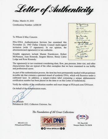 Lot #275 John F. Kennedy Legacy Multi-Signed (17) Dallas Trade Mart Luncheon Invitation - Image 3