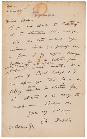 Lot #233 Charles Darwin Autograph Letter Signed to an Athenaeum Club Member - Image 1