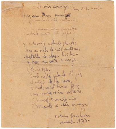 Lot #428 Federico Garcia Lorca Extremely Rare Handwritten Poem - 'The Bitter Root' - Image 1