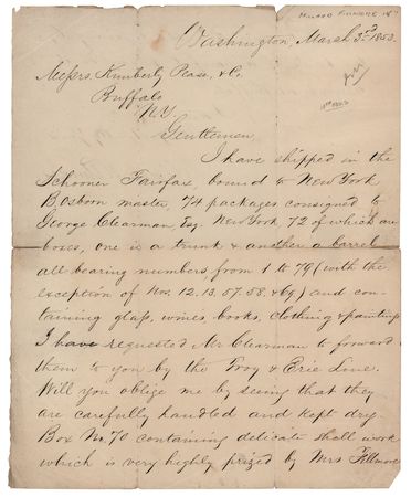 Lot #25 Millard Fillmore Letter Signed as President on His Last Day in Office, Arranging Shipment of Goods Home to Buffalo - Image 1