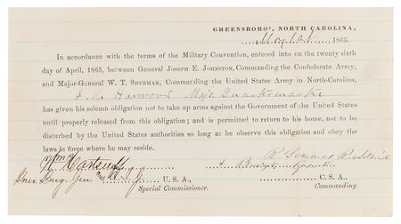 Lot #325 Raphael Semmes Civil War-Dated Document Signed - Greensboro Parole, Citing the Johnston-Sherman Surrender - Image 1