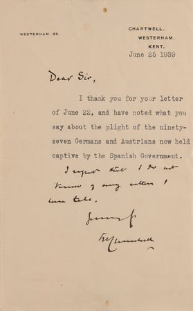 Lot #212 Winston Churchill Typed Letter Signed on Francisco Franco's Spanish Civil War Hostages - Image 1