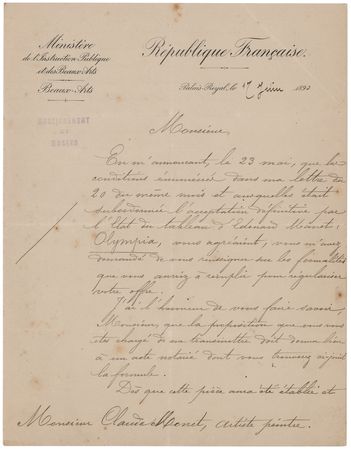 Lot #410 Claude Monet: Gustave Larroumet Letter Signed on Manet's 'Olympia' - Image 2